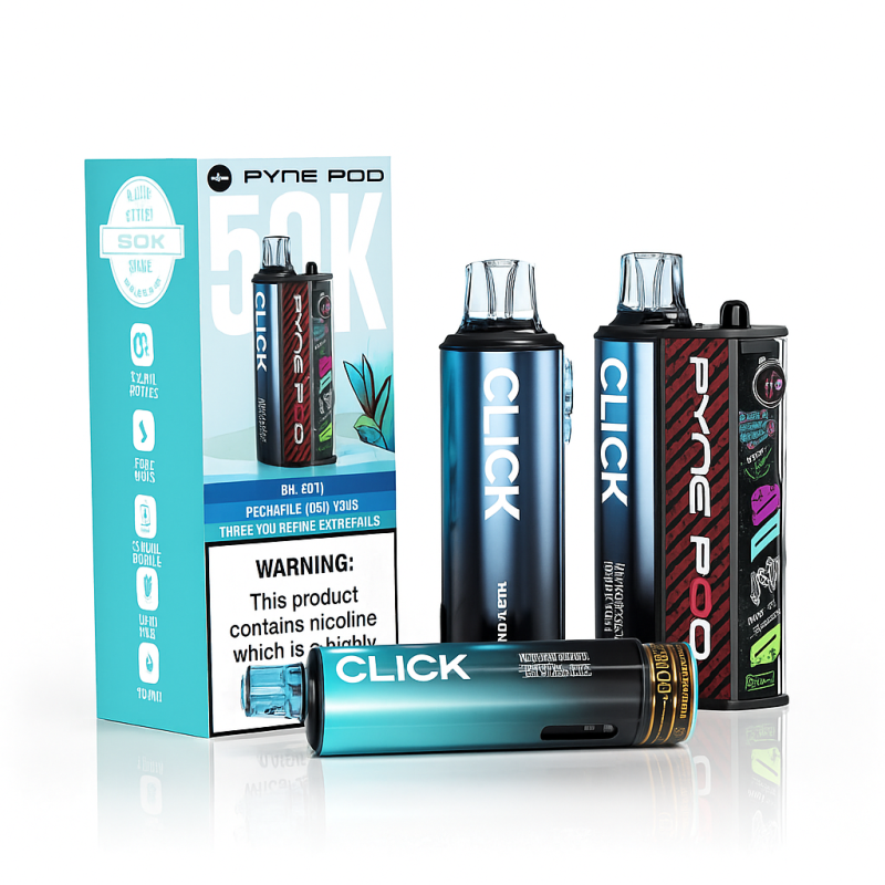 Pyne Pod Click 50K vape kit showing the device, prefilled pods, and refill containers on a clean background